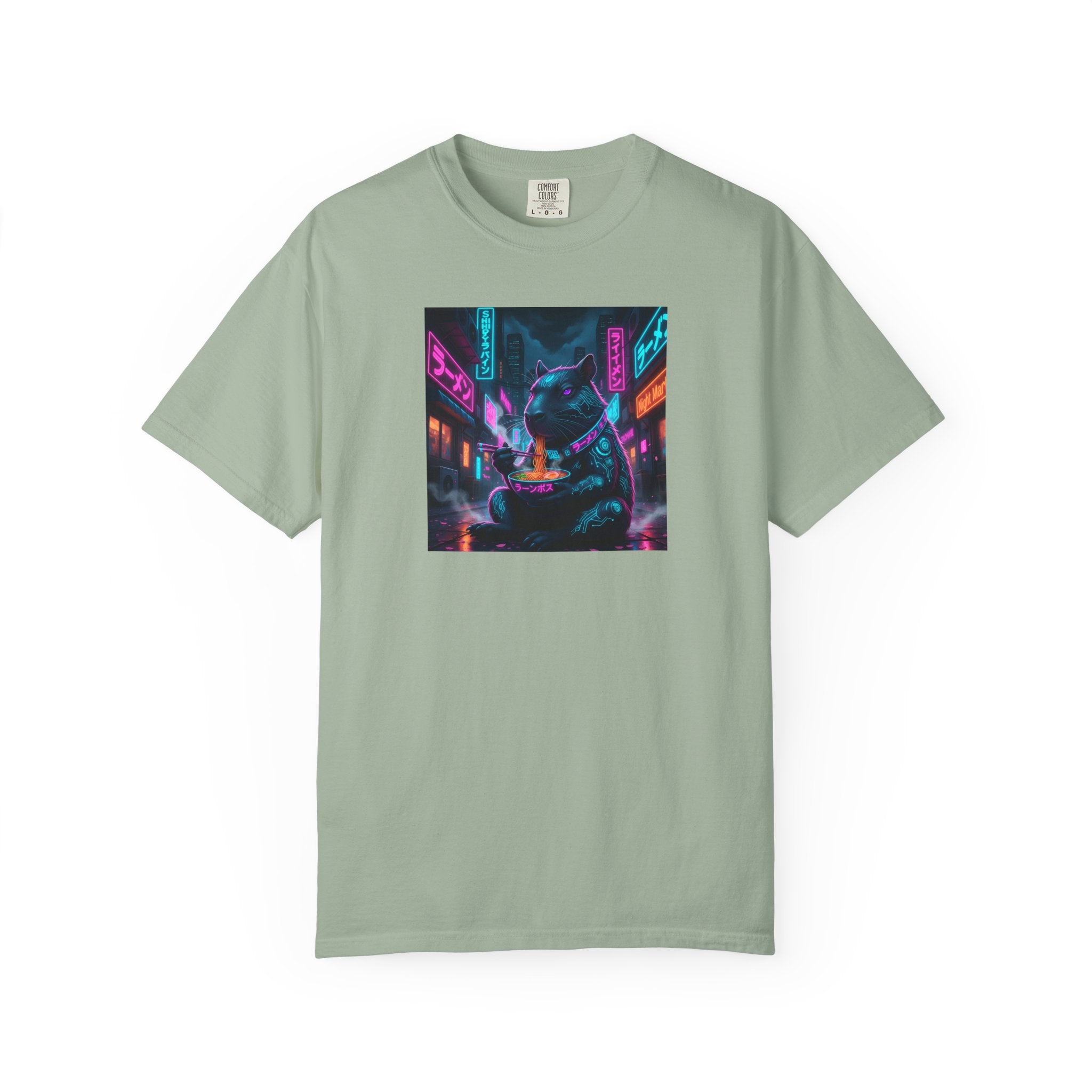 Neon Cyberpunk Capybara Cityscape T-Shirt | Futuristic Night Street Art