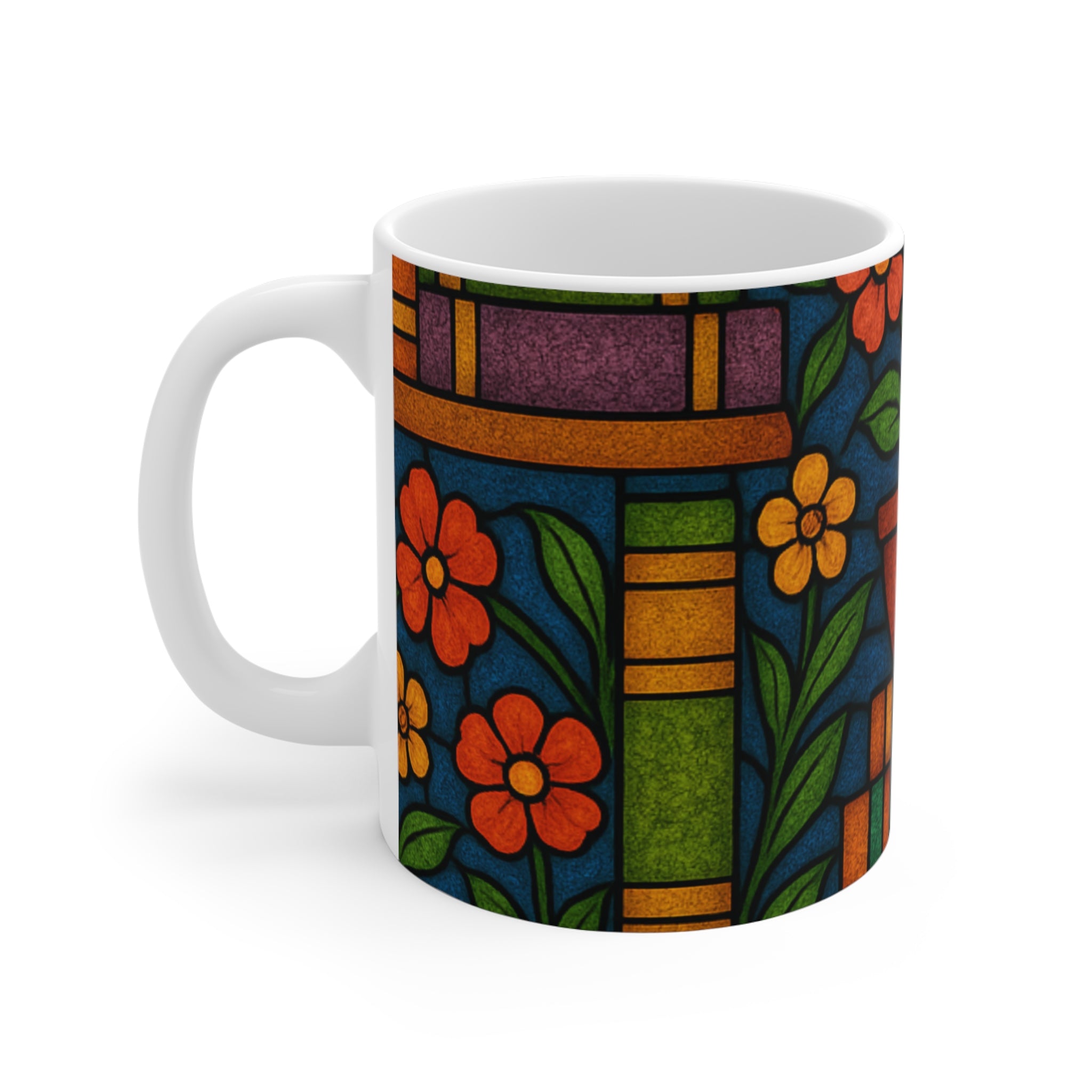 Stained Glass Floral Plant Pot Mug | Colorful Botanical Book Stack