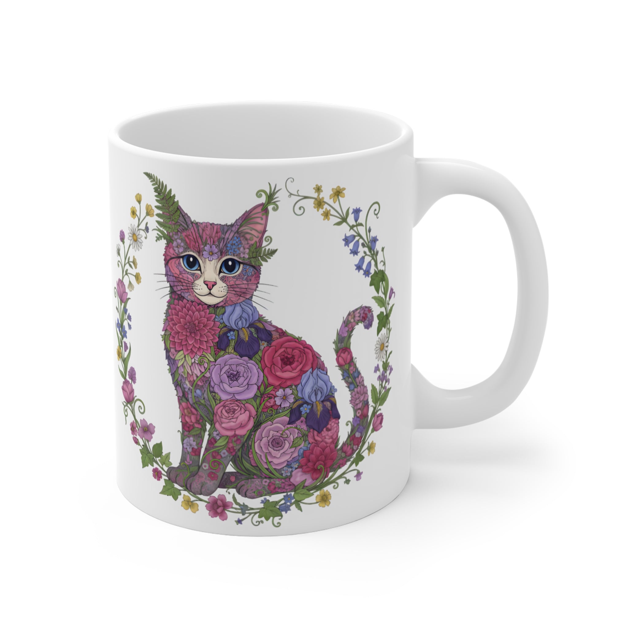 Floral Cat Bouquet Mug | Whimsical Kitten Flower Art 11oz