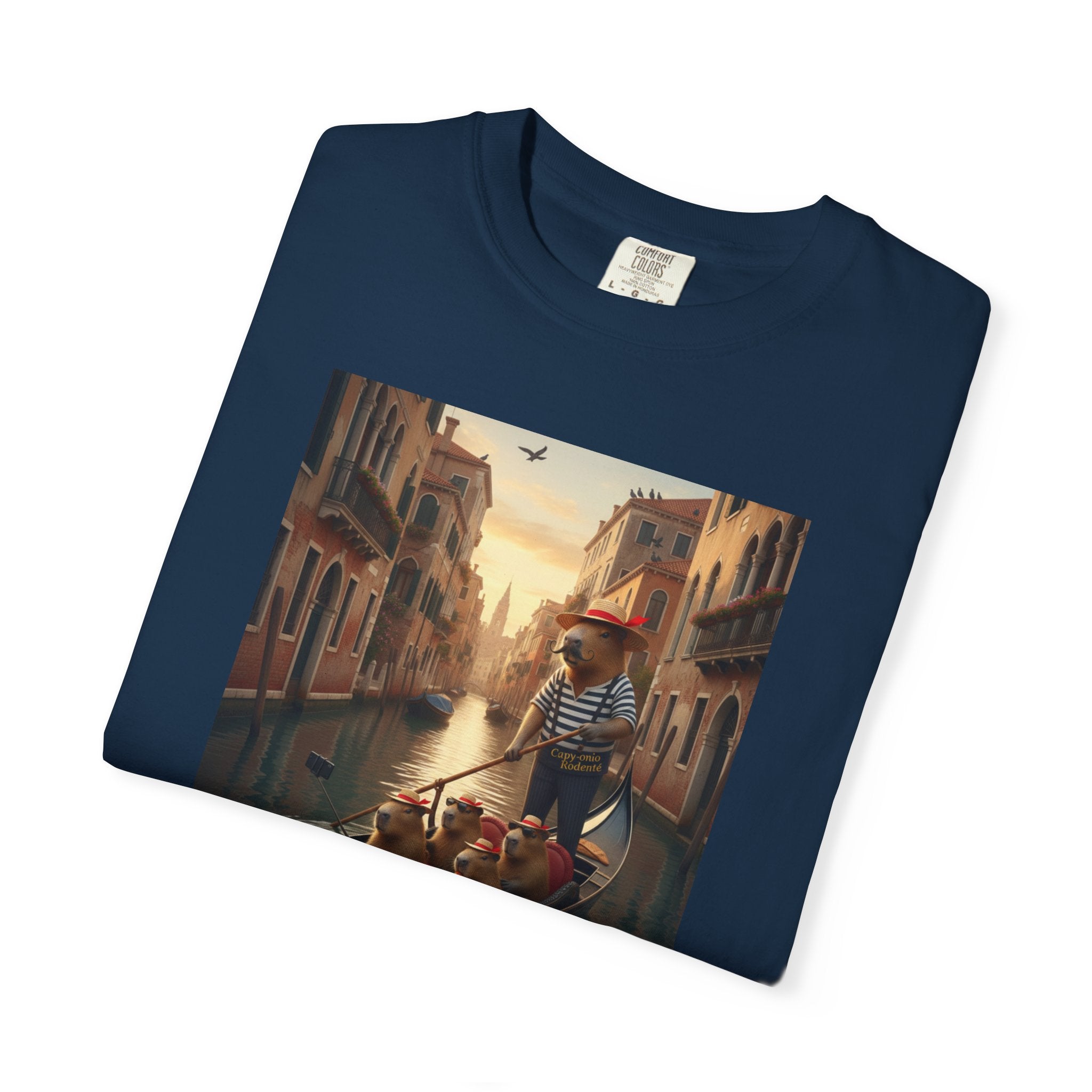 Capybara Venice Gondola Sunset T-shirt | Scenic Canal Travel Art