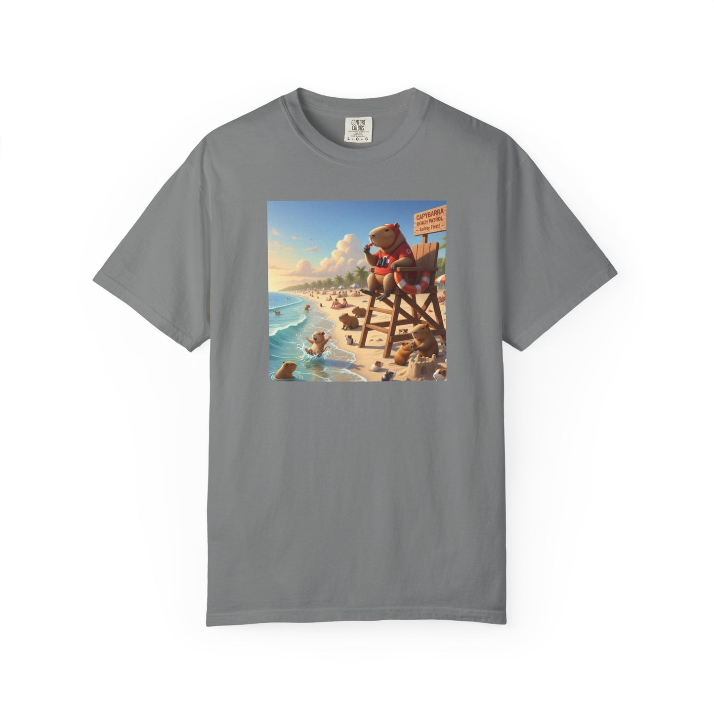 Lifeguard Capybara on Beach T-shirt | Surf Rescue Sunset Scene