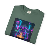 Neon Cyberpunk Cat Mystic Bowl T-shirt | Retro Futuristic Alley Art