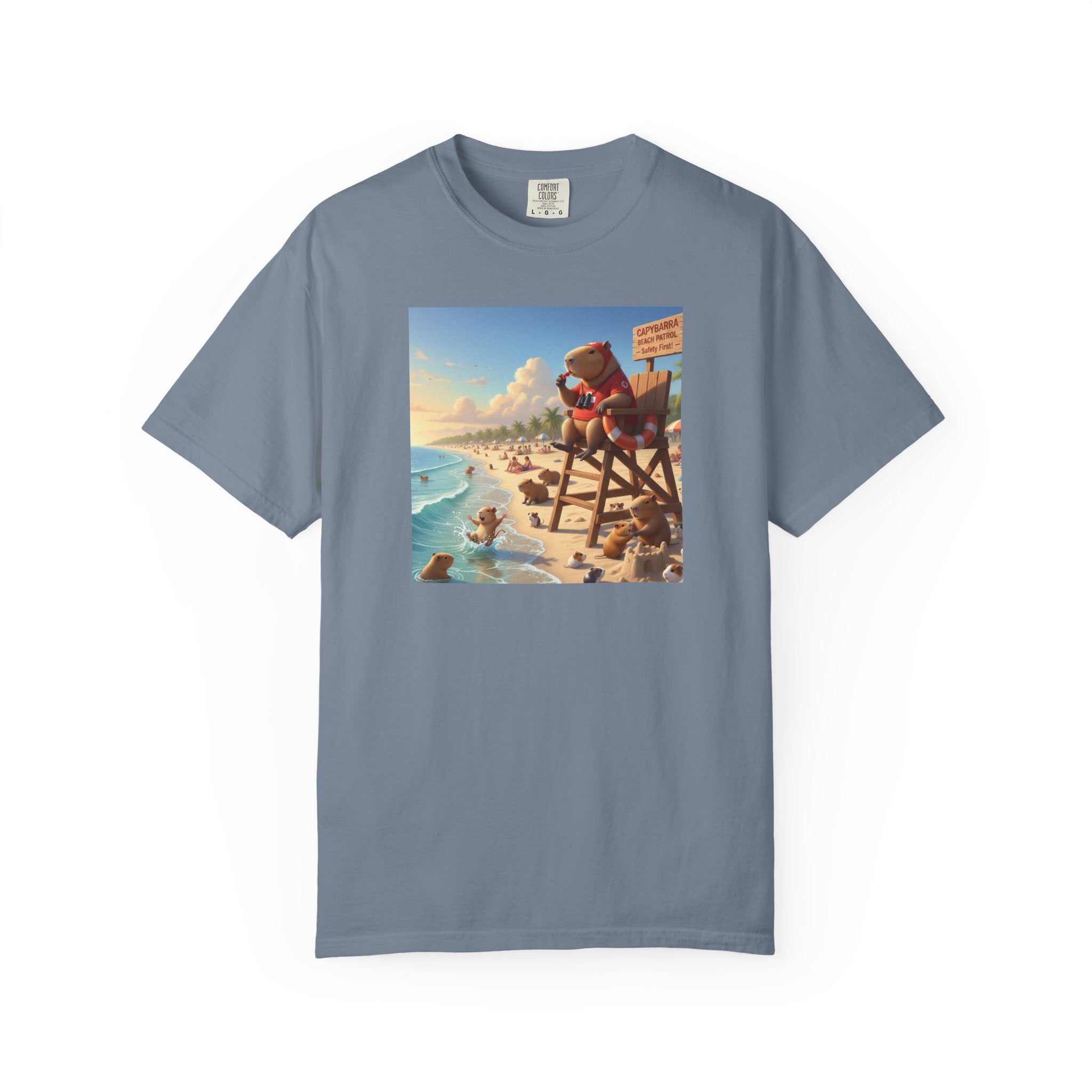 Lifeguard Capybara on Beach T-shirt | Surf Rescue Sunset Scene
