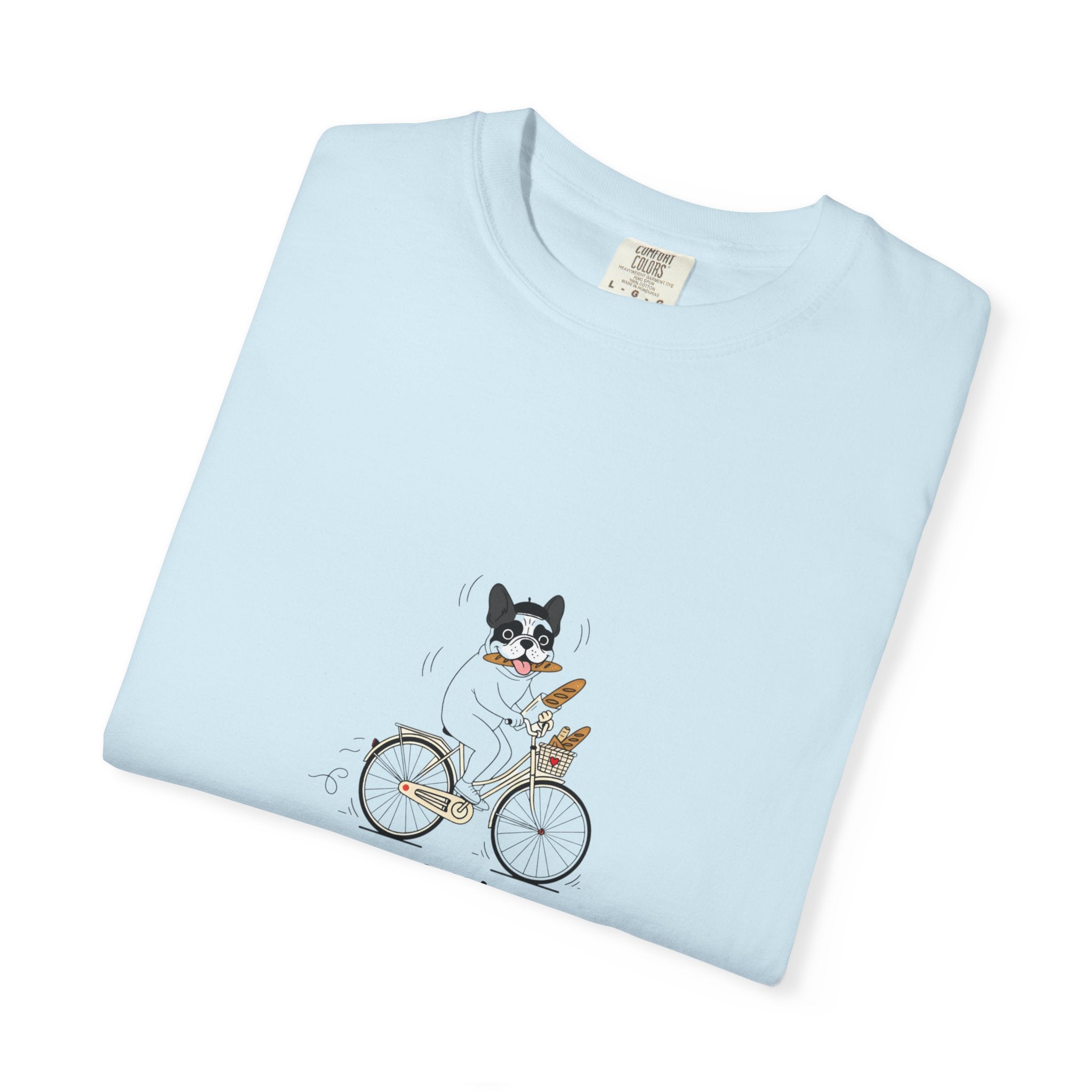 French Bulldog on Bicycle T-shirt | Cute Dog Illustration, 'Oui!' Text