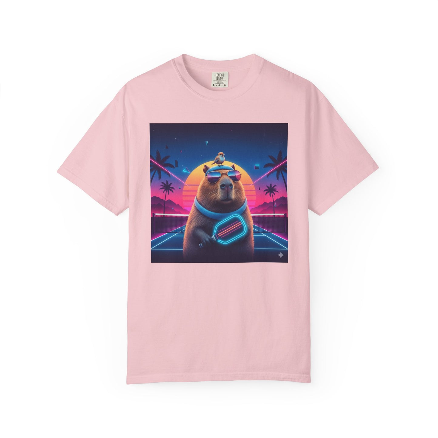 Retro Vaporwave Capybara with Sunglasses T-shirt | Neon Sunset Palm Trees