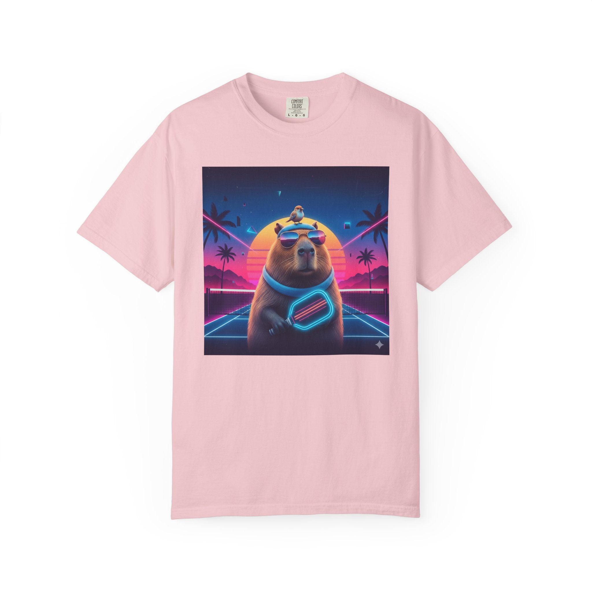 Retro Vaporwave Capybara with Sunglasses T-shirt | Neon Sunset Palm Trees