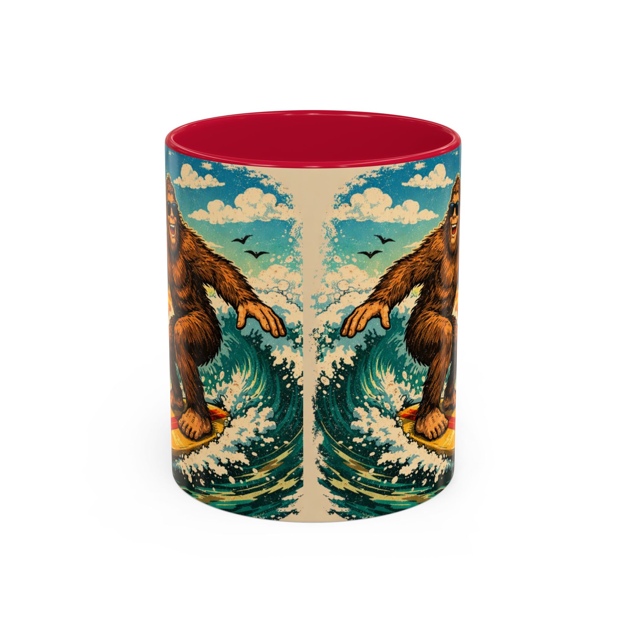 Surfing Bigfoot Mug | Retro Beach Sunset Bigfoot Wave Coffee Cup
