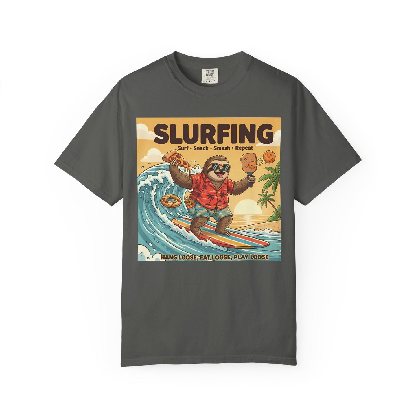 Slurfing Surfing Sloth T-Shirt | Retro Beach Wave Illustration