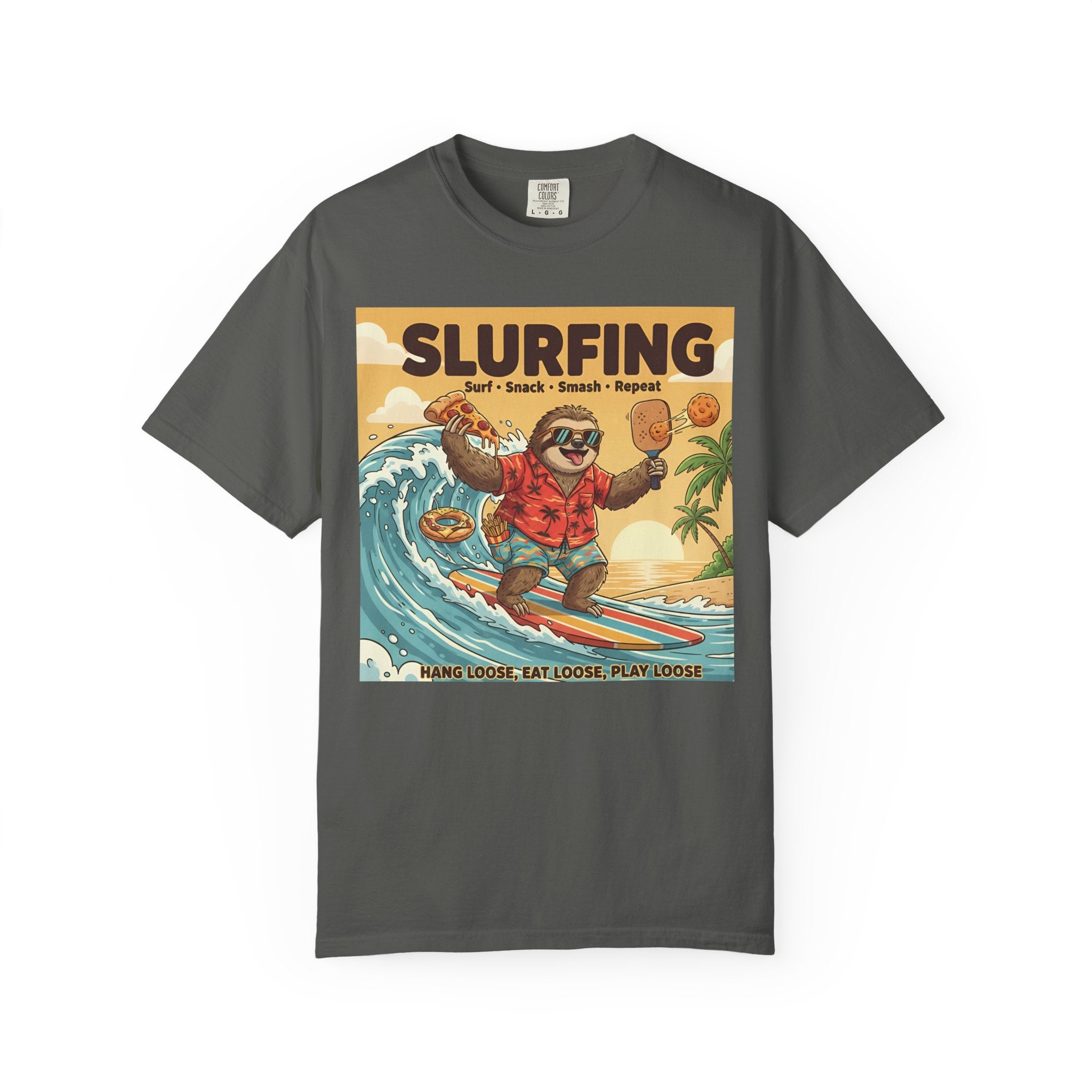 Slurfing Surfing Sloth T-Shirt | Retro Beach Wave Illustration