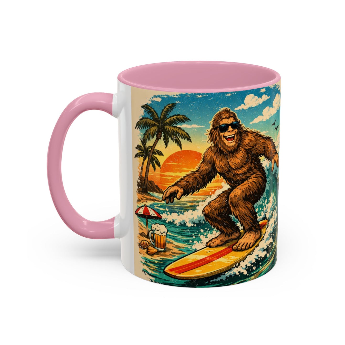 Surfing Bigfoot Mug | Retro Beach Sunset Bigfoot Wave Coffee Cup