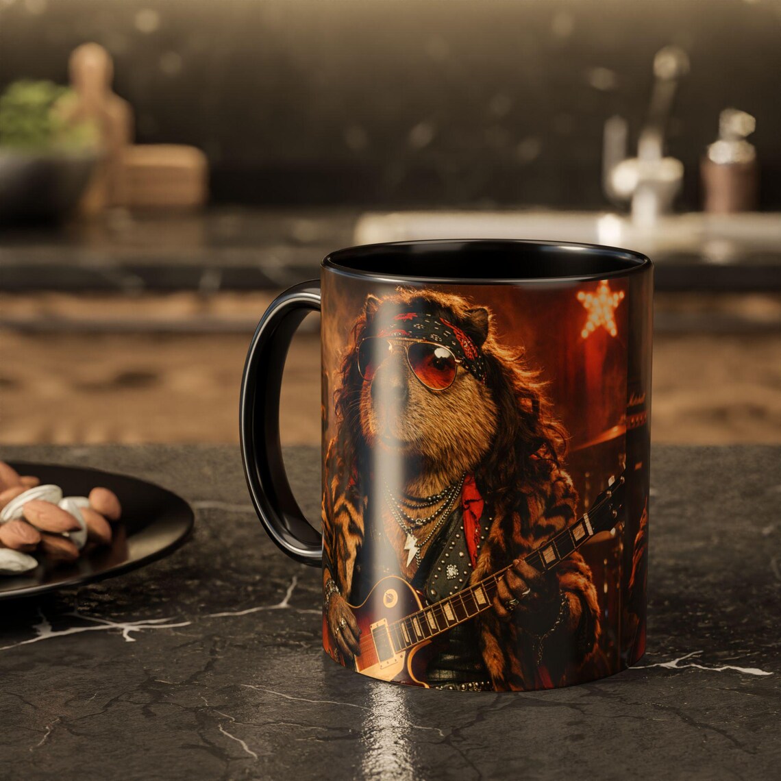Rockstar Capybara with Guitar Mug | Color Accent Coffee Cup 11oz 15oz