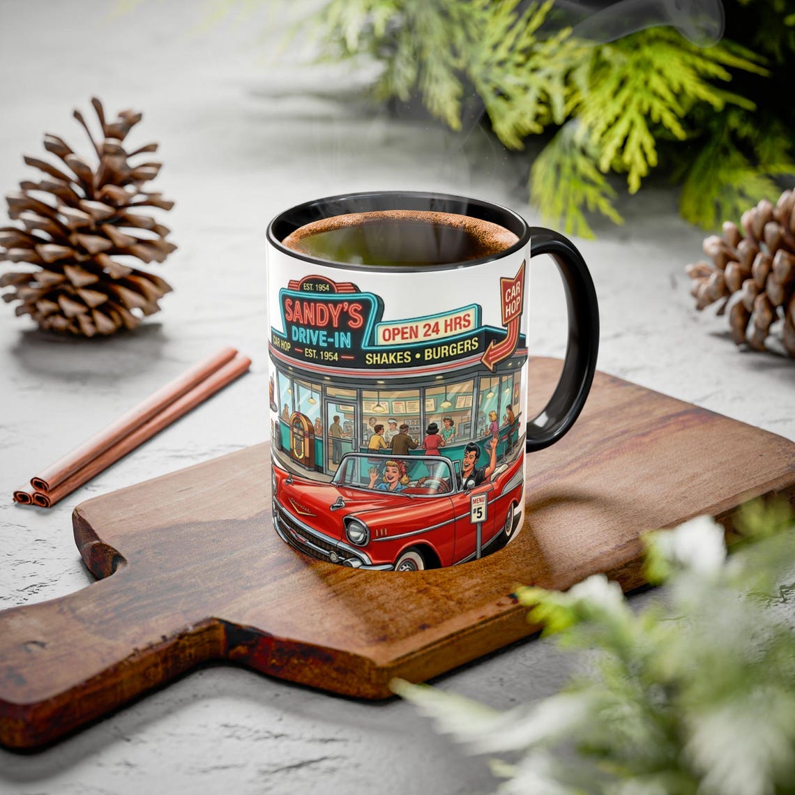 1950s Diner Scene Mug | Retro Car Hop Coffee Cup
