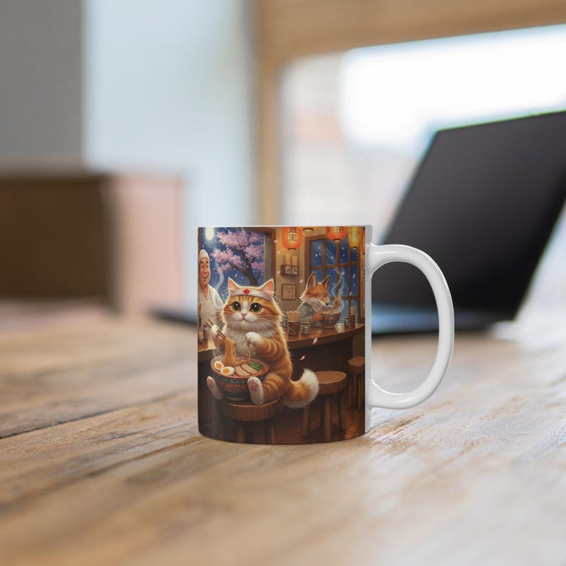 Cozy Cat Ramen Shop Mug | Cute Cat Eating Ramen Ceramic Mug