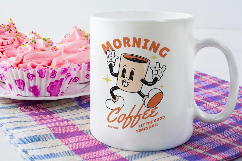 Morning Coffee Mug | Retro Cartoon Coffee Cup, Colorful Ceramic