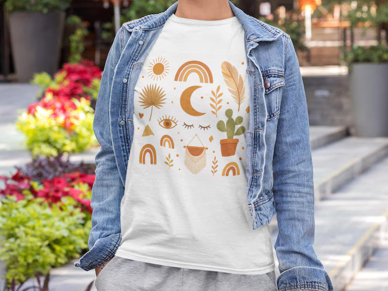 Boho Icons Mosaic T-Shirt | Crescent Moon Cactus Rainbows