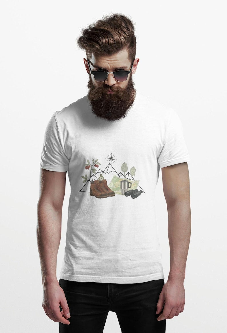 Camping Mountain Outdoors Graphic T-shirt | Hiking Boots Trees Flowers