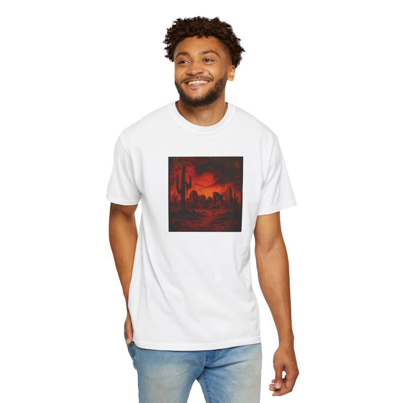 Red Desert Sunset T-shirt | Cactus Landscape, Moody Western Scene