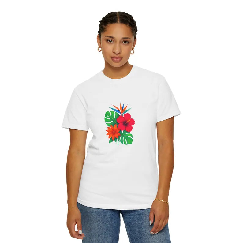 Tropical Hibiscus Floral Tee | Monstera Leaves, Bird of Paradise