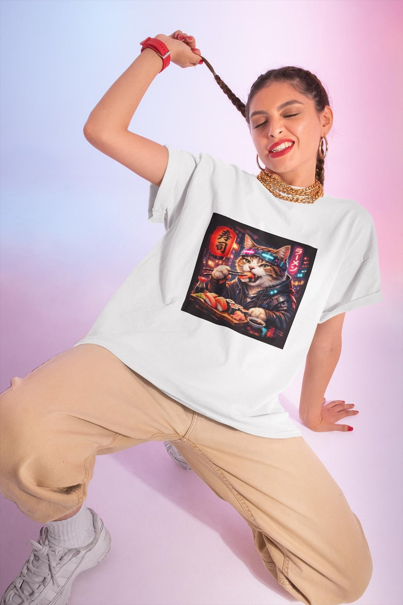 Sushi-Eating Cat T-Shirt | Neon Japanese Street Food Art