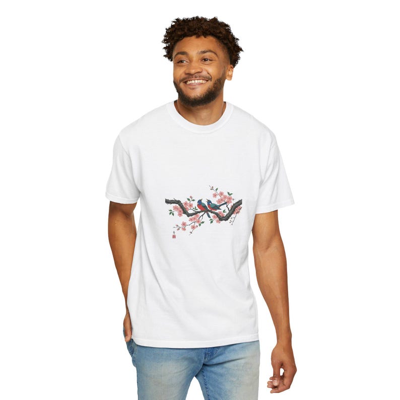 Birds on Cherry Blossom Branch T-Shirt | Japanese Floral Illustration