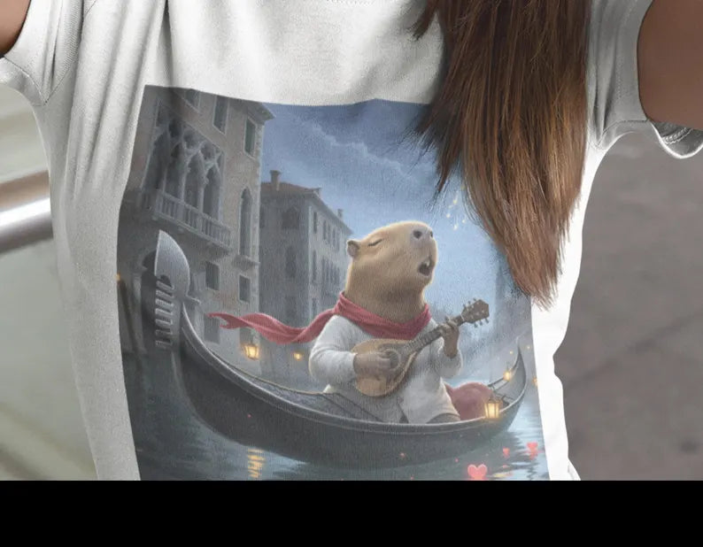 Capybara Gondolier Venice Night T-shirt | Romantic Venetian Canal Illustration