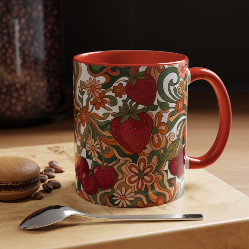 Vintage Cherry Strawberry Pattern Accent Mug | 11oz 15oz