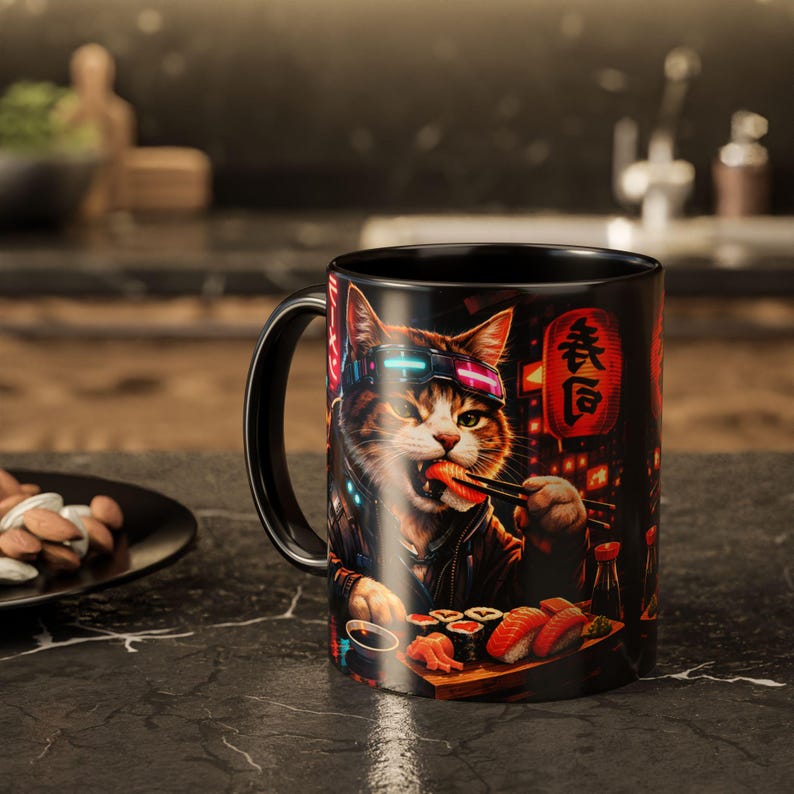 Cyberpunk Sushi Cat Mug | 11oz 15oz Ceramic Coffee Cup