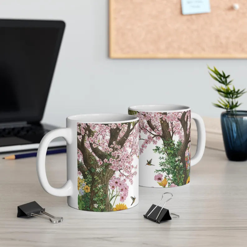 Cherry Blossom Tree Mug | Spring Flowers, Hummingbirds, Butterflies