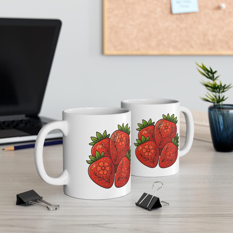 Floral Strawberries Mug | Hand-Drawn Fruit Illustration, Kitchen Ceramic Coffee Cup