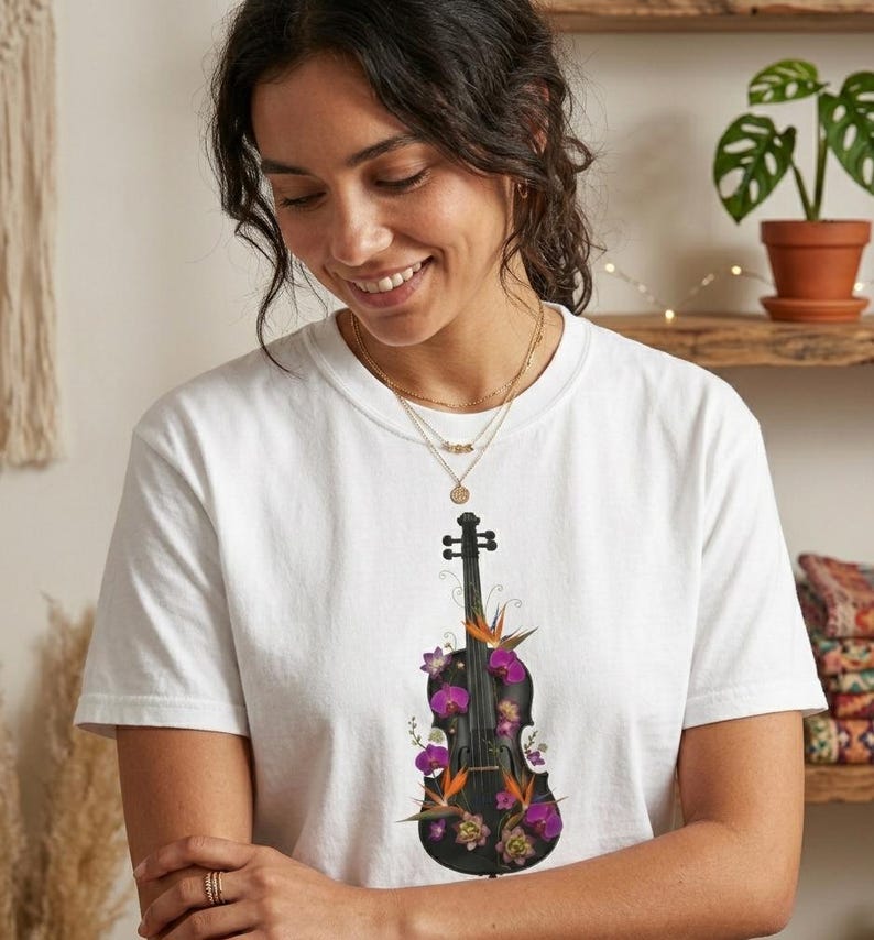 Floral Violin T-shirt | Botanical Music Instrument Tee