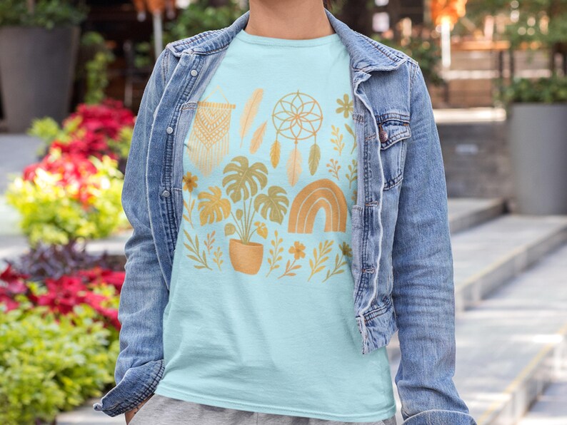 Boho Plants and Dreamcatcher T-Shirt | Rainbow, Monstera, Macrame