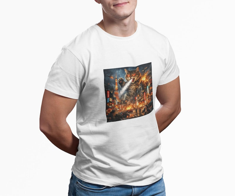 Giant Catzilla Kaiju Rampage T-Shirt | Neon City Monster Battle