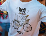 French Bulldog on Bicycle T-shirt | Cute Dog Illustration, 'Oui!' Text