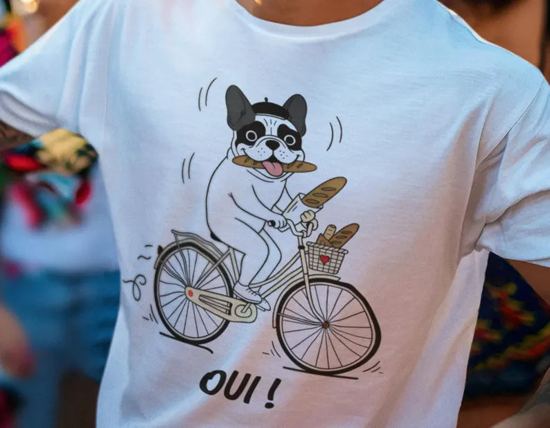 French Bulldog on Bicycle T-shirt | Cute Dog Illustration, 'Oui!' Text
