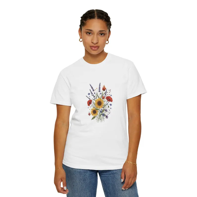 Sunflower and Wildflower Bouquet T-Shirt | Floral Botanical Garden Tee
