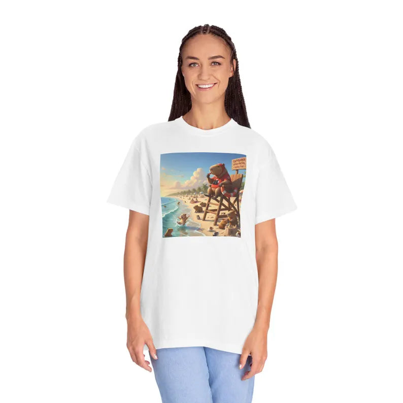 Lifeguard Capybara on Beach T-shirt | Surf Rescue Sunset Scene
