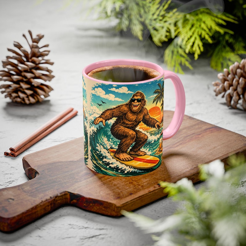 Surfing Bigfoot Mug | Retro Beach Sunset Bigfoot Wave Coffee Cup
