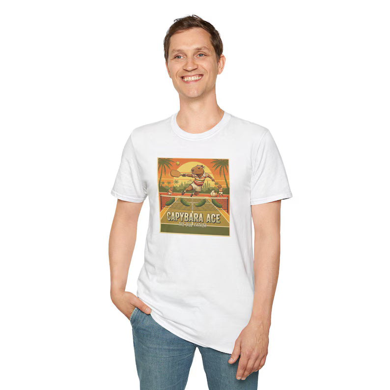 Capybara Ace Pickleball Player T-Shirt | Retro Tropical Court Design